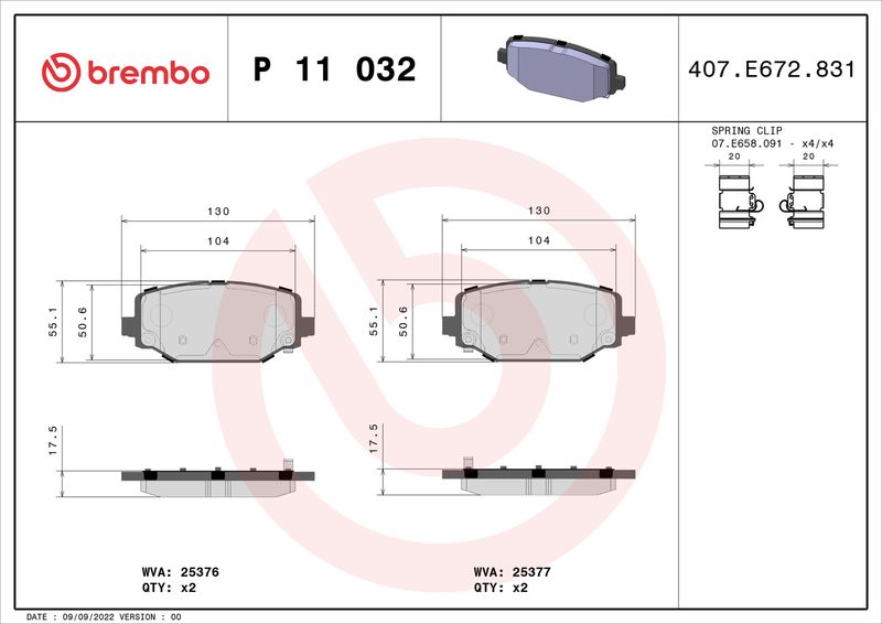 Zestaw klocków hamulcowych, hamulce tarczowe BREMBO P 11 032