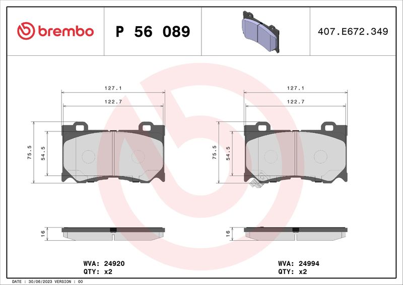 Zestaw klocków hamulcowych, hamulce tarczowe BREMBO P 56 089