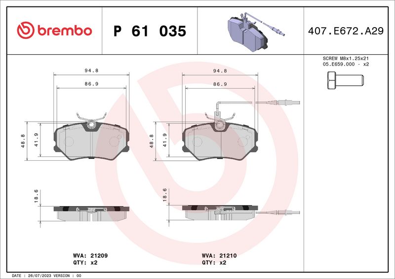 Zestaw klocków hamulcowych, hamulce tarczowe BREMBO P 61 035
