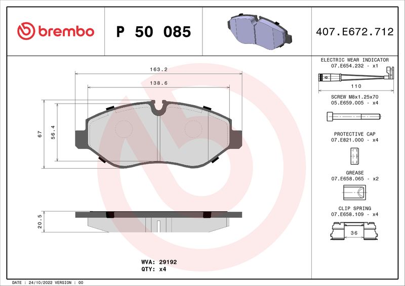 Zestaw klocków hamulcowych, hamulce tarczowe BREMBO P 50 085