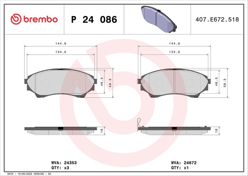 Zestaw klocków hamulcowych, hamulce tarczowe BREMBO P 24 086