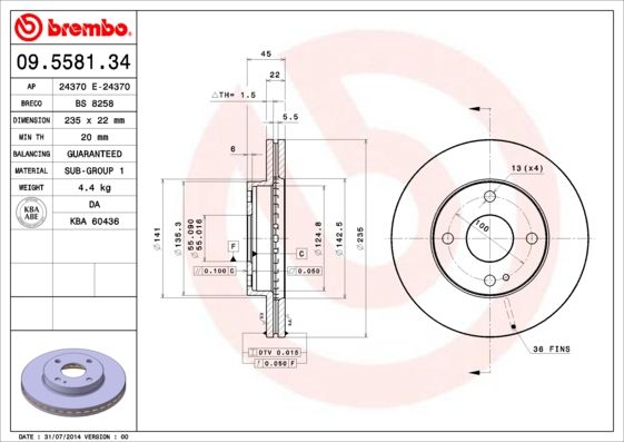 Tarcza hamulcowa BREMBO 09.5581.34