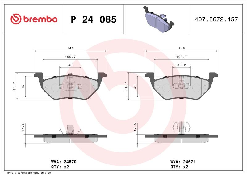 Zestaw klocków hamulcowych, hamulce tarczowe BREMBO P 24 085