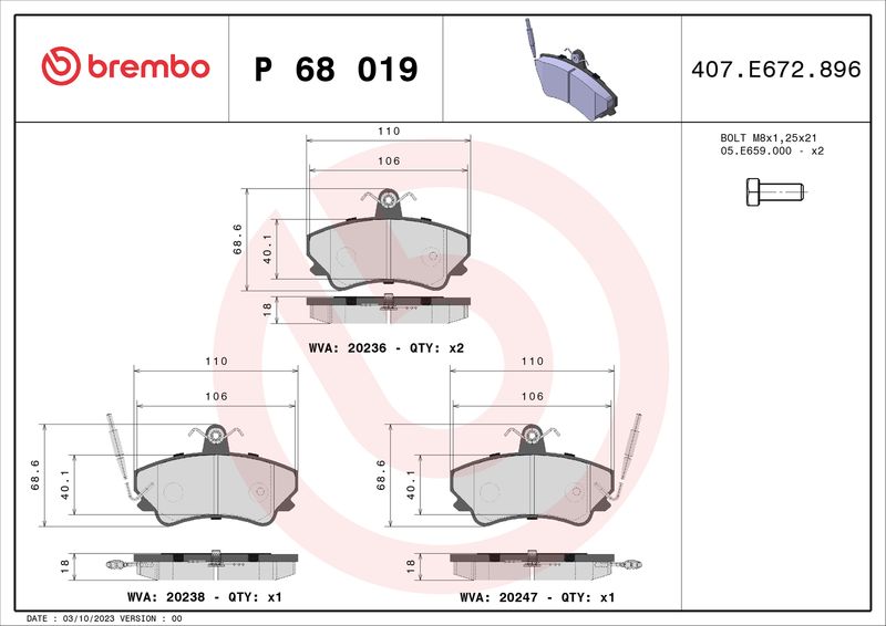 Zestaw klocków hamulcowych, hamulce tarczowe BREMBO P 68 019