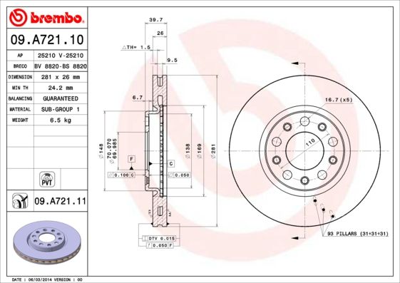 Tarcza hamulcowa BREMBO 09.A721.11
