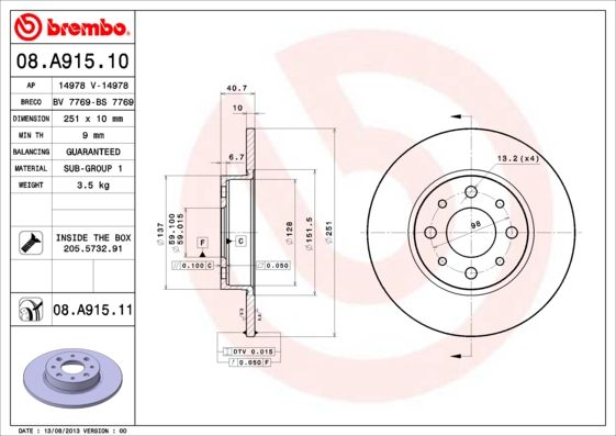 Tarcza hamulcowa BREMBO 08.A915.11