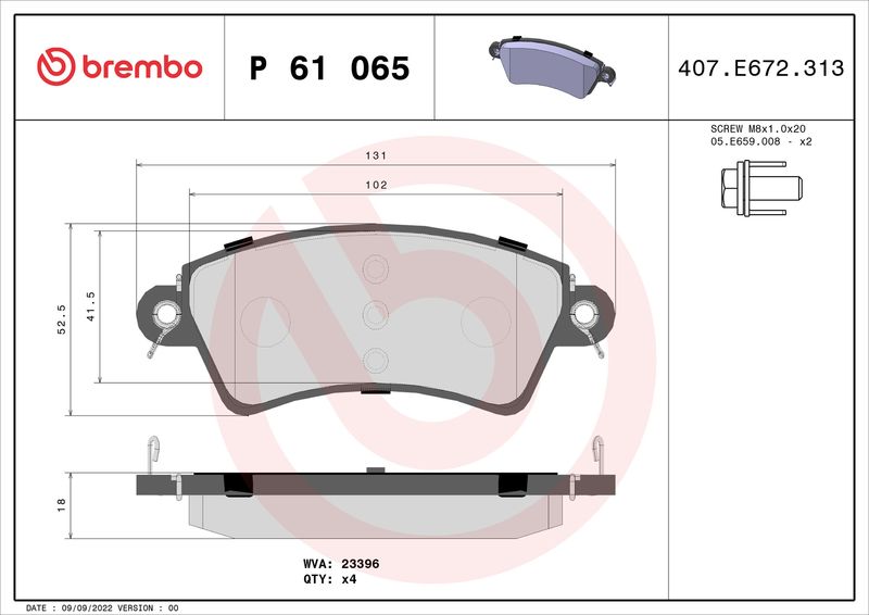 Zestaw klocków hamulcowych, hamulce tarczowe BREMBO P 61 065