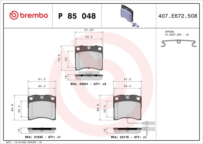 Zestaw klocków hamulcowych, hamulce tarczowe BREMBO P 85 048