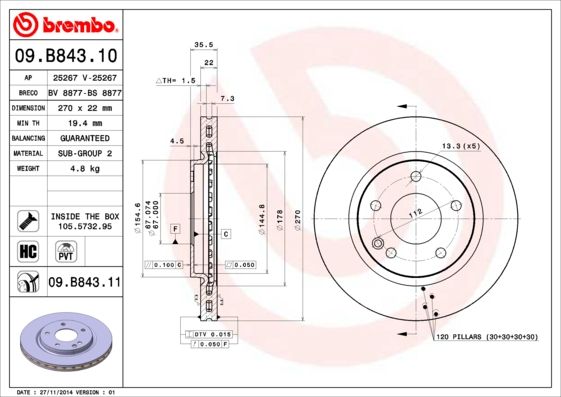 Tarcza hamulcowa BREMBO 09.B843.11