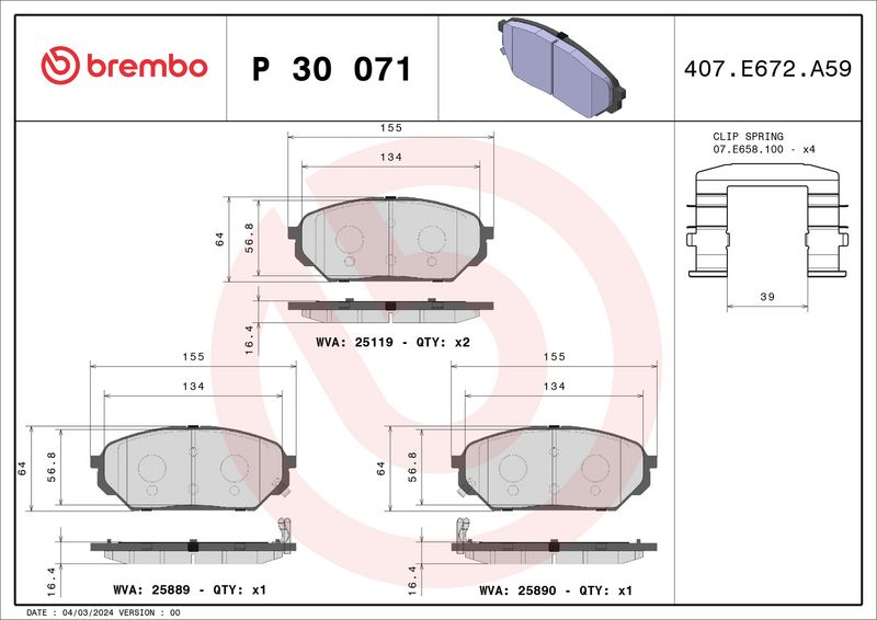Zestaw klocków hamulcowych, hamulce tarczowe BREMBO P 30 071
