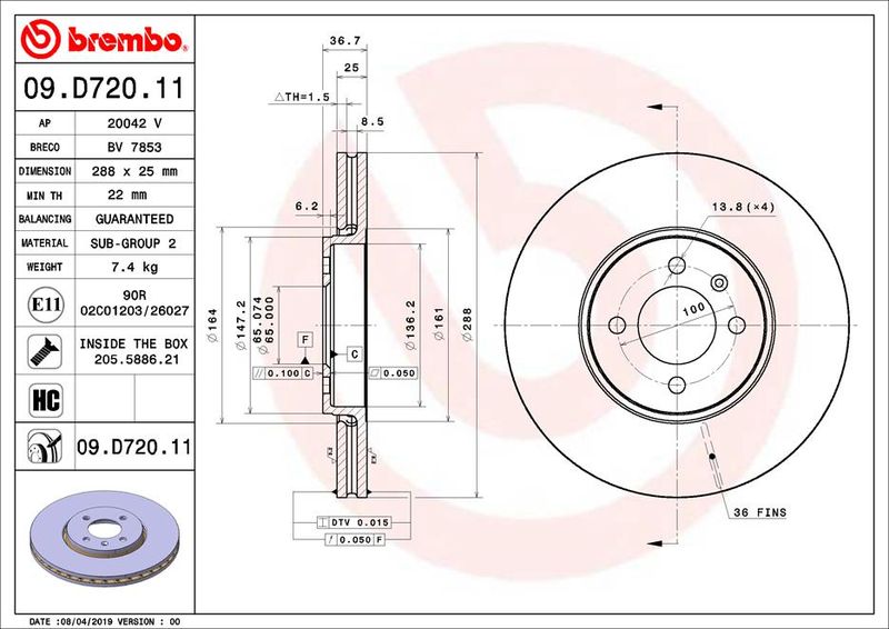 Tarcza hamulcowa BREMBO 09.D720.11