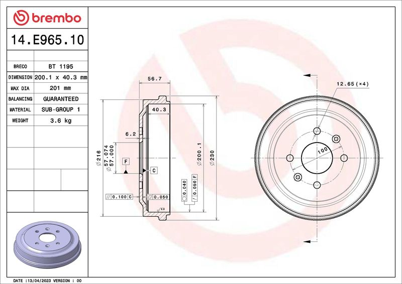 Bęben hamulcowy BREMBO 14.E965.10