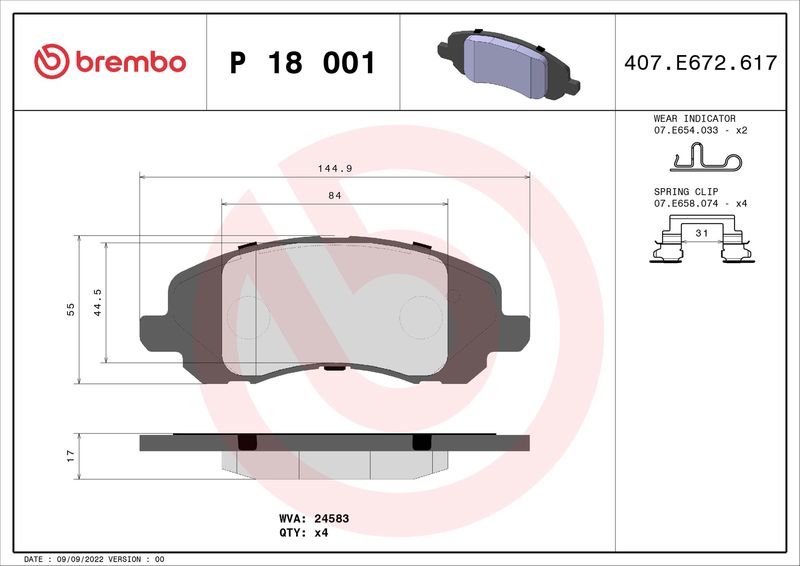 Zestaw klocków hamulcowych, hamulce tarczowe BREMBO P 18 001