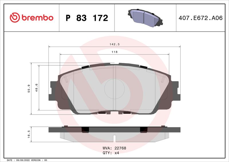 Zestaw klocków hamulcowych, hamulce tarczowe BREMBO P 83 172