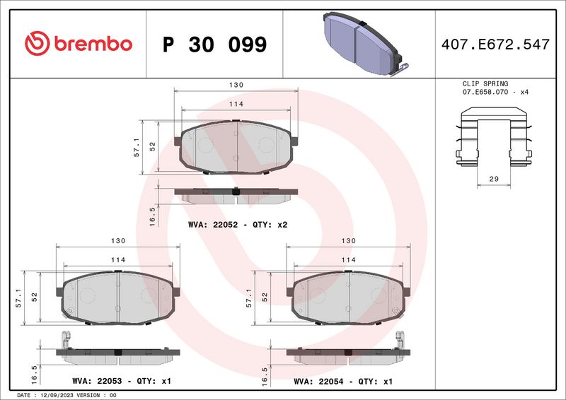Zestaw klocków hamulcowych, hamulce tarczowe BREMBO P 30 099