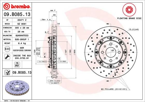 Tarcza hamulcowa BREMBO 09.B085.13