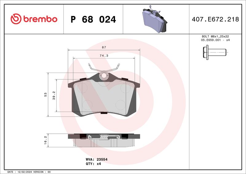 Zestaw klocków hamulcowych, hamulce tarczowe BREMBO P 68 024X