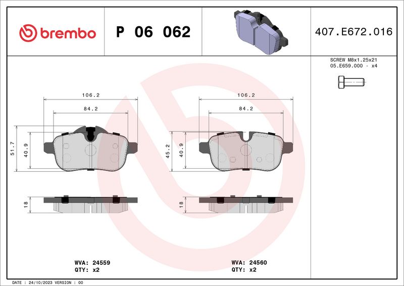 Zestaw klocków hamulcowych, hamulce tarczowe BREMBO P 06 062