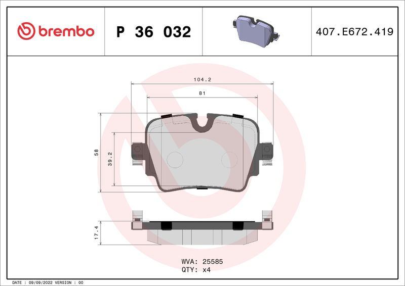Zestaw klocków hamulcowych, hamulce tarczowe BREMBO P 36 032