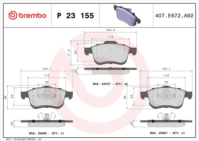 Zestaw klocków hamulcowych, hamulce tarczowe BREMBO P 23 155