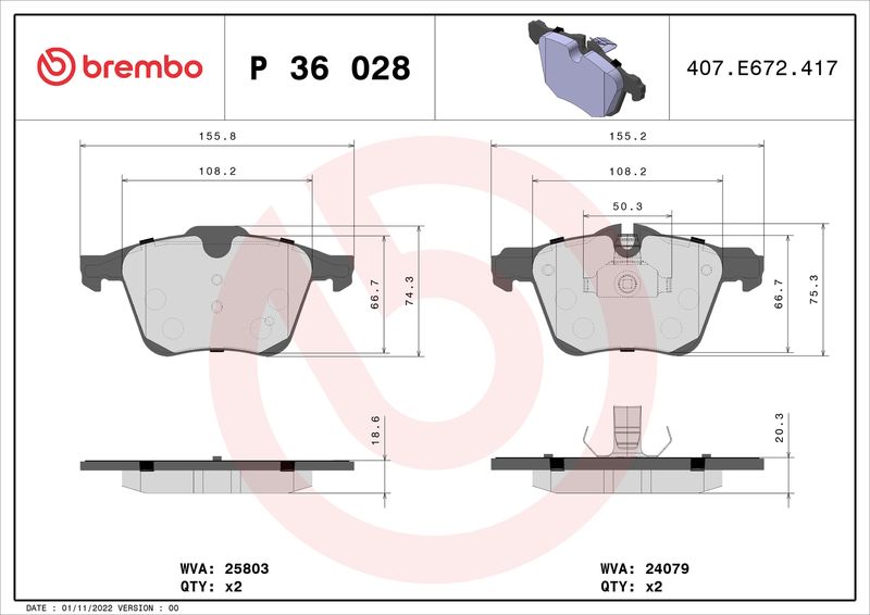 Zestaw klocków hamulcowych, hamulce tarczowe BREMBO P 36 028