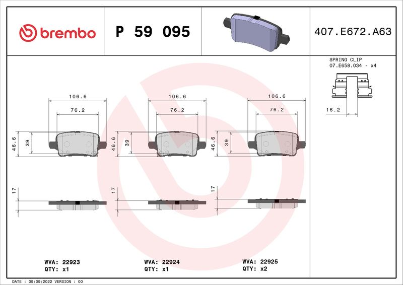 Zestaw klocków hamulcowych, hamulce tarczowe BREMBO P 59 095