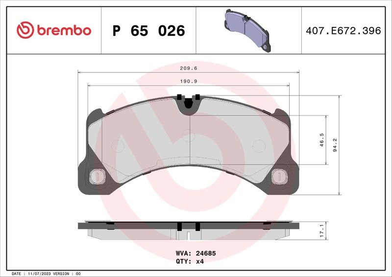 Zestaw klocków hamulcowych, hamulce tarczowe BREMBO P 65 026