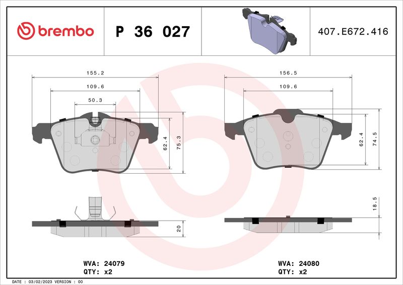 Zestaw klocków hamulcowych, hamulce tarczowe BREMBO P 36 027