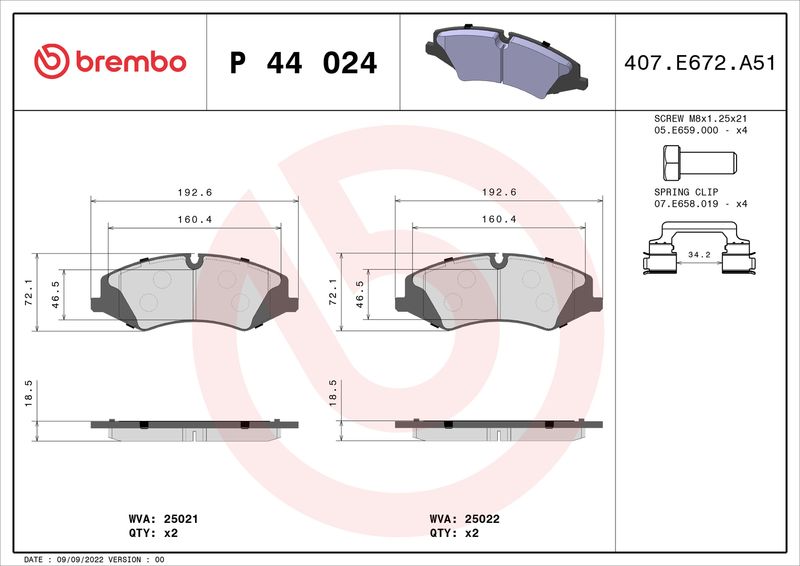 Zestaw klocków hamulcowych, hamulce tarczowe BREMBO P 44 024