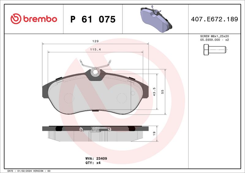 Zestaw klocków hamulcowych, hamulce tarczowe BREMBO P 61 075