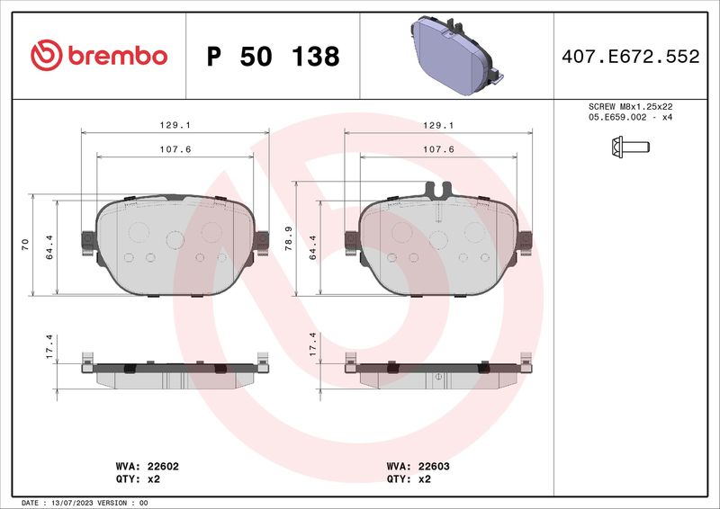Zestaw klocków hamulcowych, hamulce tarczowe BREMBO P 50 138