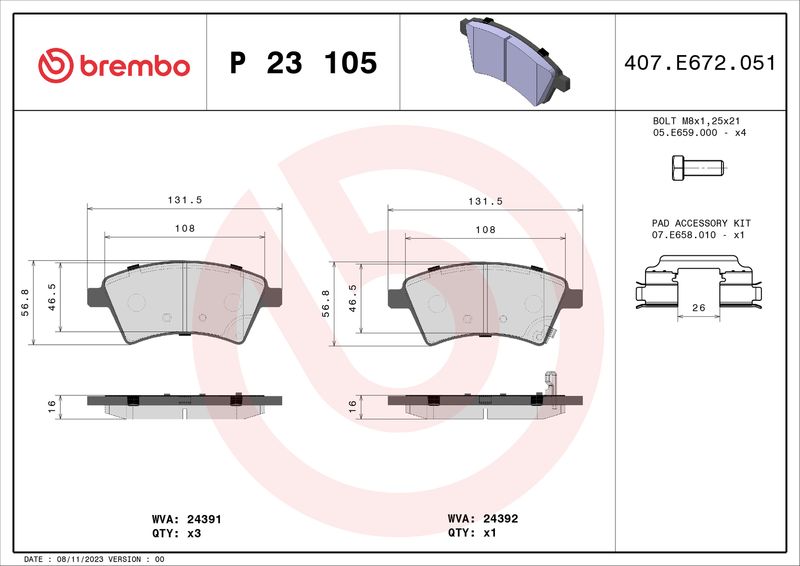 Zestaw klocków hamulcowych, hamulce tarczowe BREMBO P 23 105