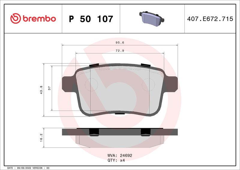 Zestaw klocków hamulcowych, hamulce tarczowe BREMBO P 50 107