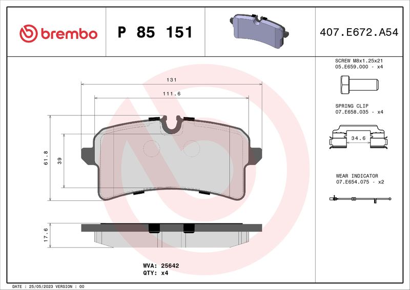 Zestaw klocków hamulcowych, hamulce tarczowe BREMBO P 85 151