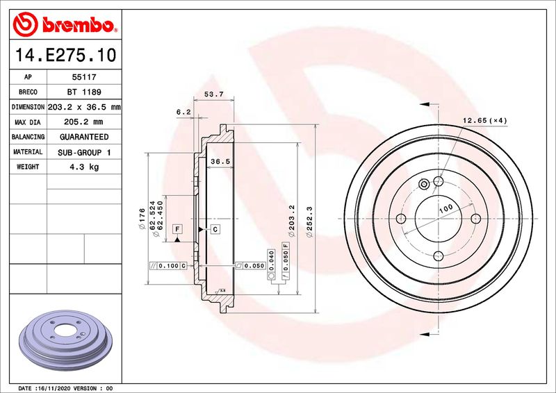 Bęben hamulcowy BREMBO 14.E275.10