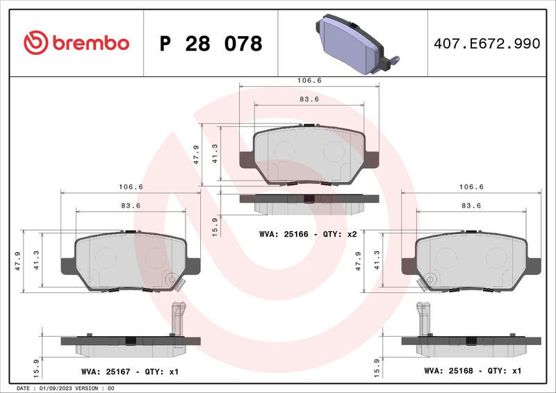 Zestaw klocków hamulcowych, hamulce tarczowe BREMBO P 28 078