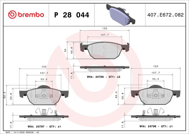 Zestaw klocków hamulcowych, hamulce tarczowe BREMBO P 28 044X