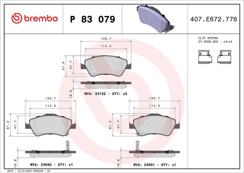 Zestaw klocków hamulcowych, hamulce tarczowe BREMBO P 83 079