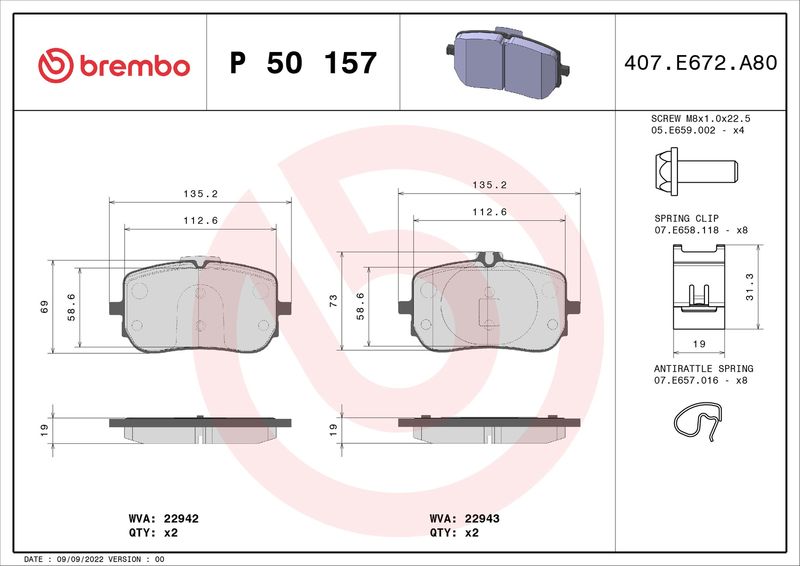 Zestaw klocków hamulcowych, hamulce tarczowe BREMBO P 50 157