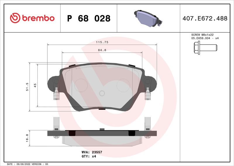 Zestaw klocków hamulcowych, hamulce tarczowe BREMBO P 68 028