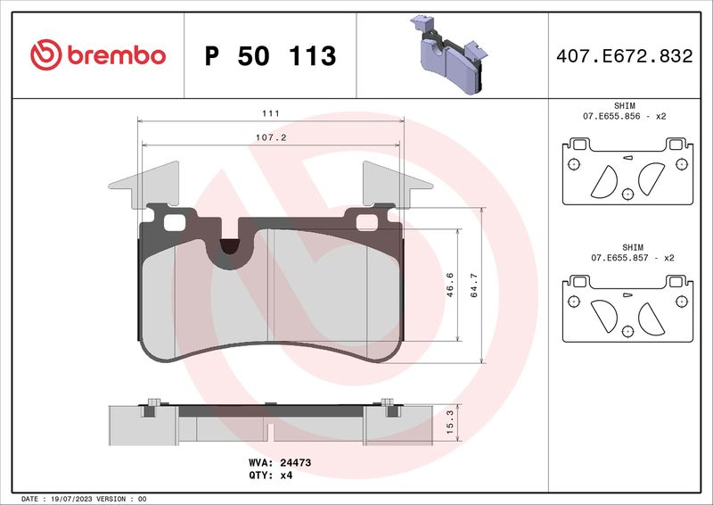 Zestaw klocków hamulcowych, hamulce tarczowe BREMBO P 50 113