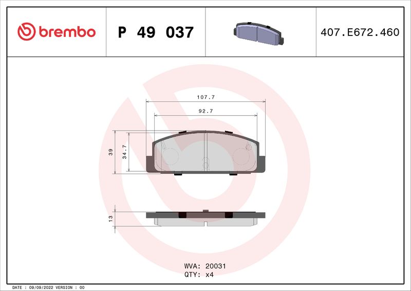 Zestaw klocków hamulcowych, hamulce tarczowe BREMBO P 49 037