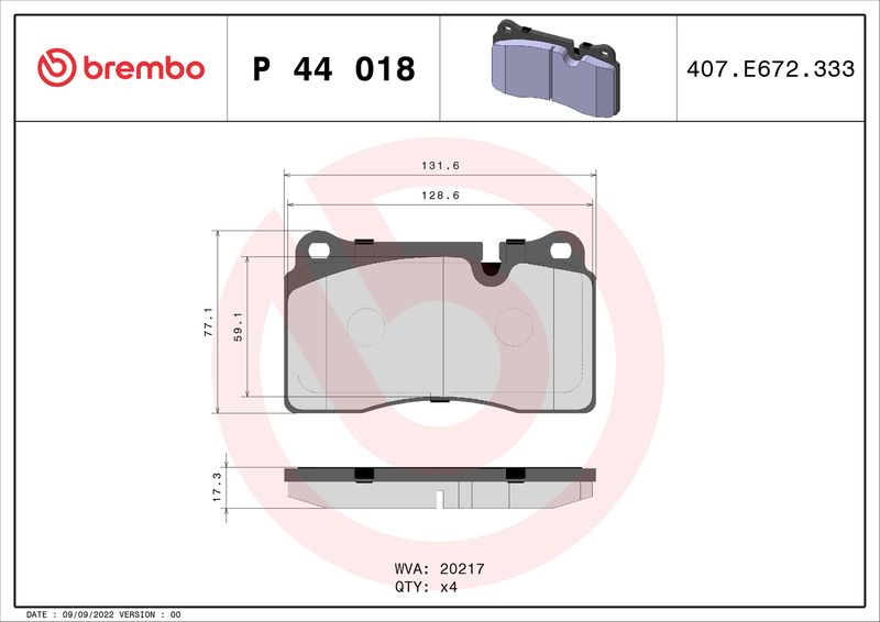Zestaw klocków hamulcowych, hamulce tarczowe BREMBO P 44 018