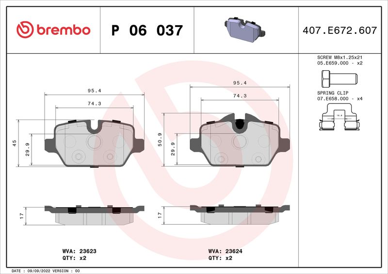 Zestaw klocków hamulcowych, hamulce tarczowe BREMBO P 06 037