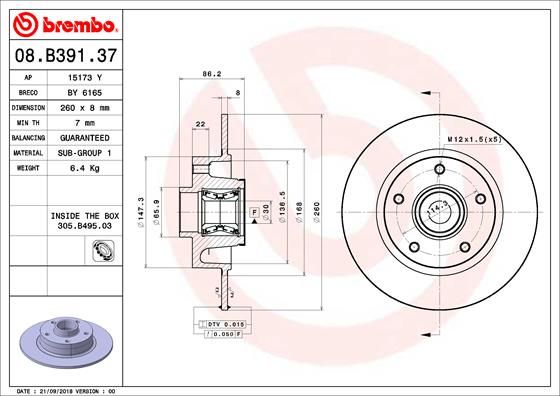 Tarcza hamulcowa BREMBO 08.B391.37