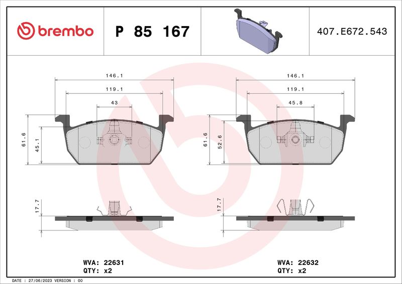Zestaw klocków hamulcowych, hamulce tarczowe BREMBO P 85 167