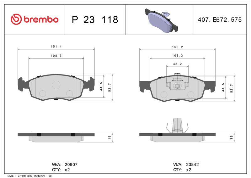 Zestaw klocków hamulcowych, hamulce tarczowe BREMBO P 23 118