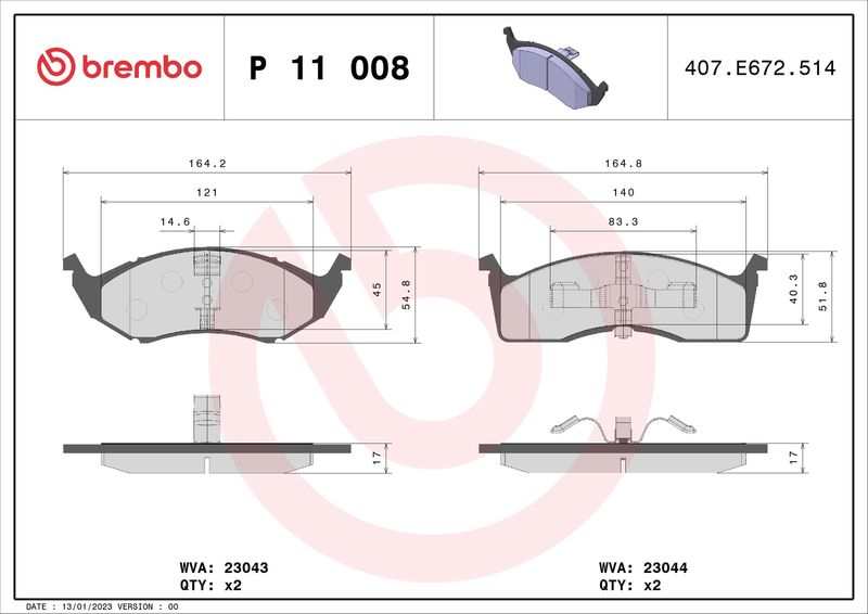 Zestaw klocków hamulcowych, hamulce tarczowe BREMBO P 11 008