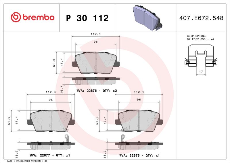Zestaw klocków hamulcowych, hamulce tarczowe BREMBO P 30 112