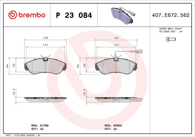 Zestaw klocków hamulcowych, hamulce tarczowe BREMBO P 23 084